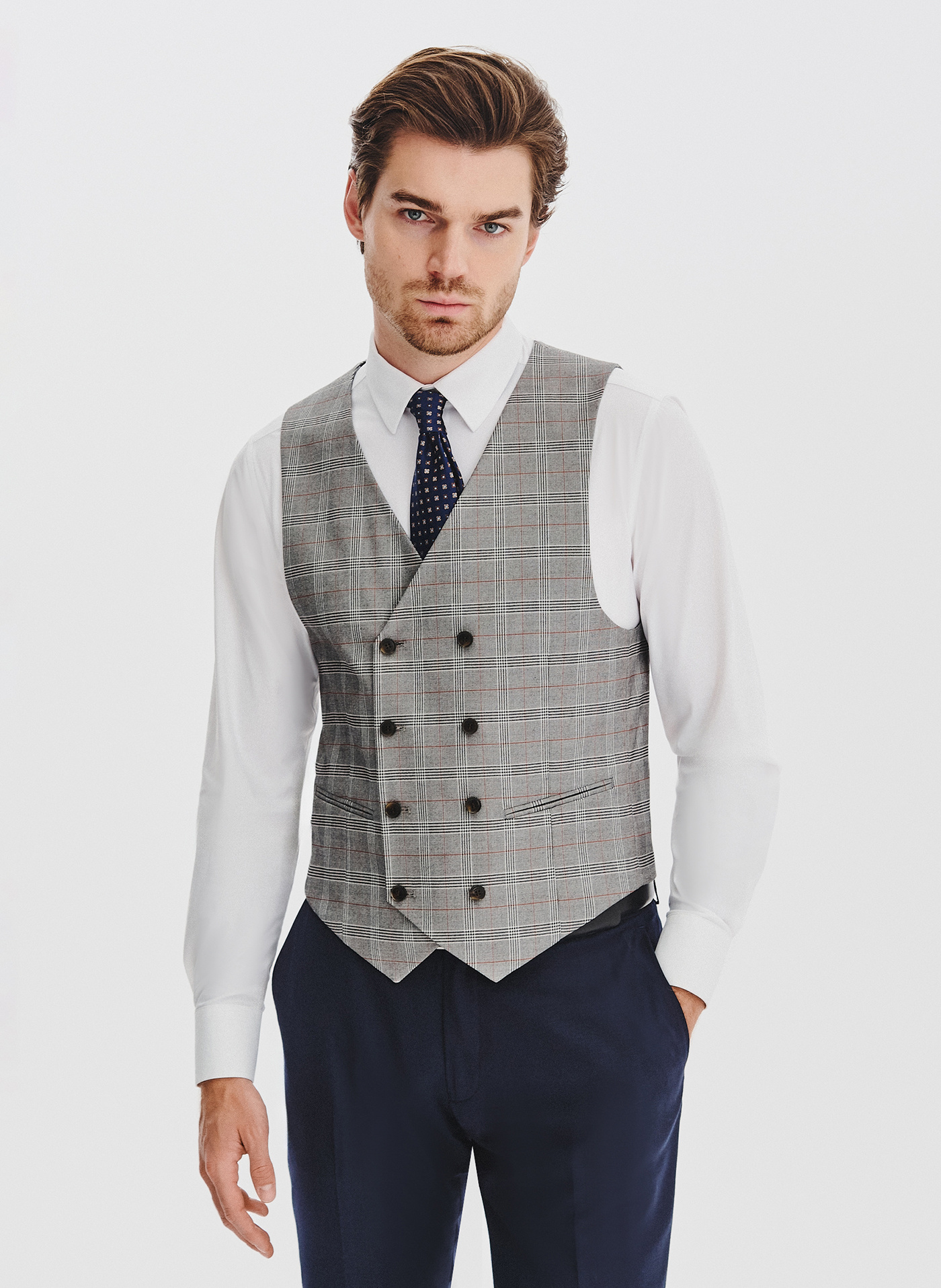 PAKO LORENTE - Szara dwurzędowa kamizelka męska w kratę