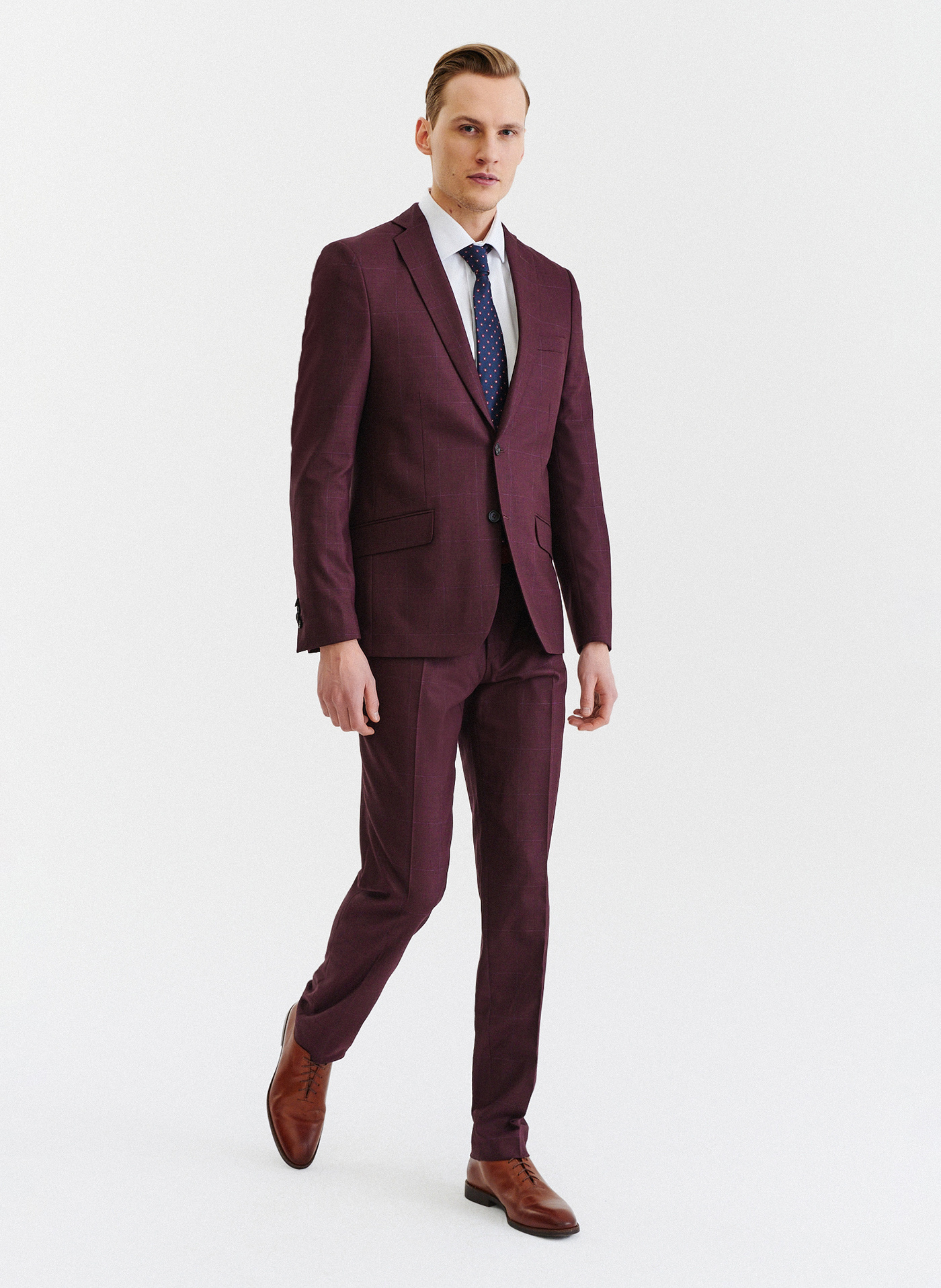 PAKO LORENTE – Bordowe spodnie garniturowe w subtelną kratę