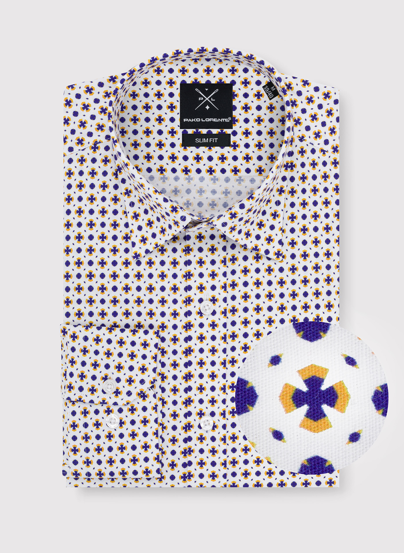 Biała koszula w niebiesko-żółty wzór P23WF-1X-018-B-S