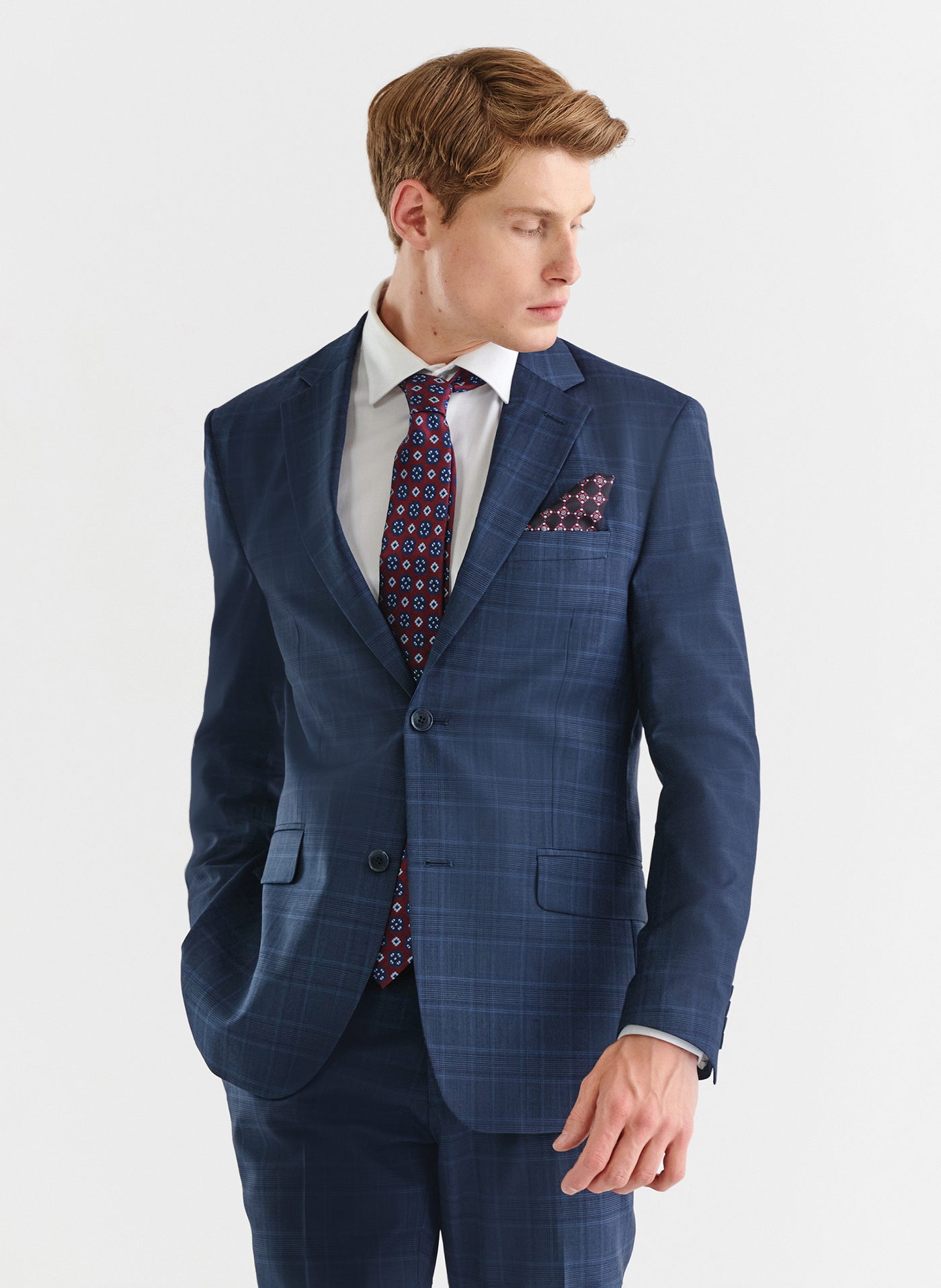 PAKO LORENTE – Granatowa marynarka garniturowa w delikatną niebieską kratkę