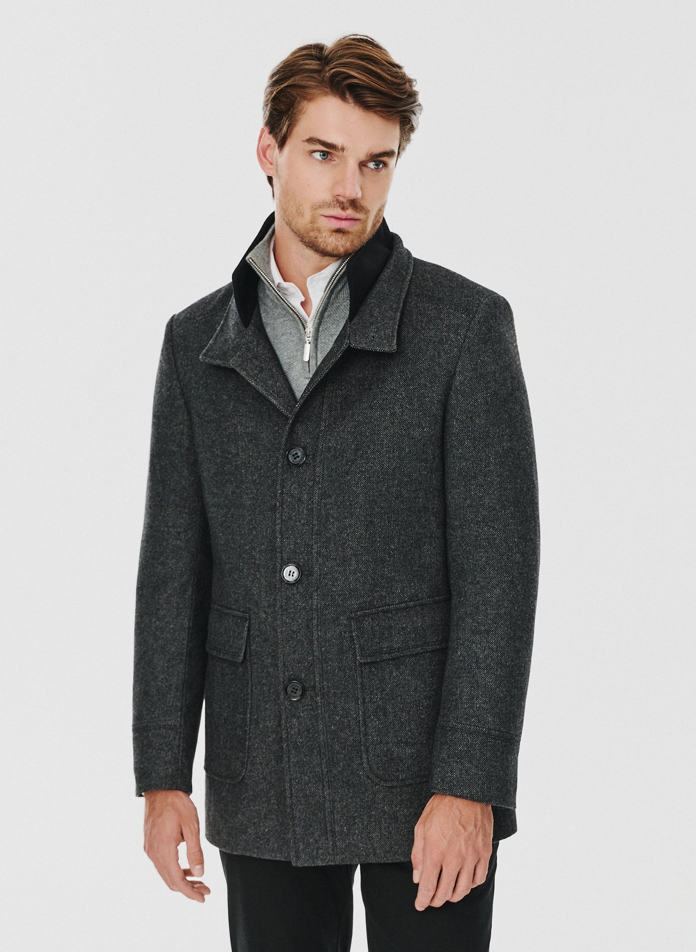 PAKO LORENTE – Szary płaszcz męski zapinany na guziki