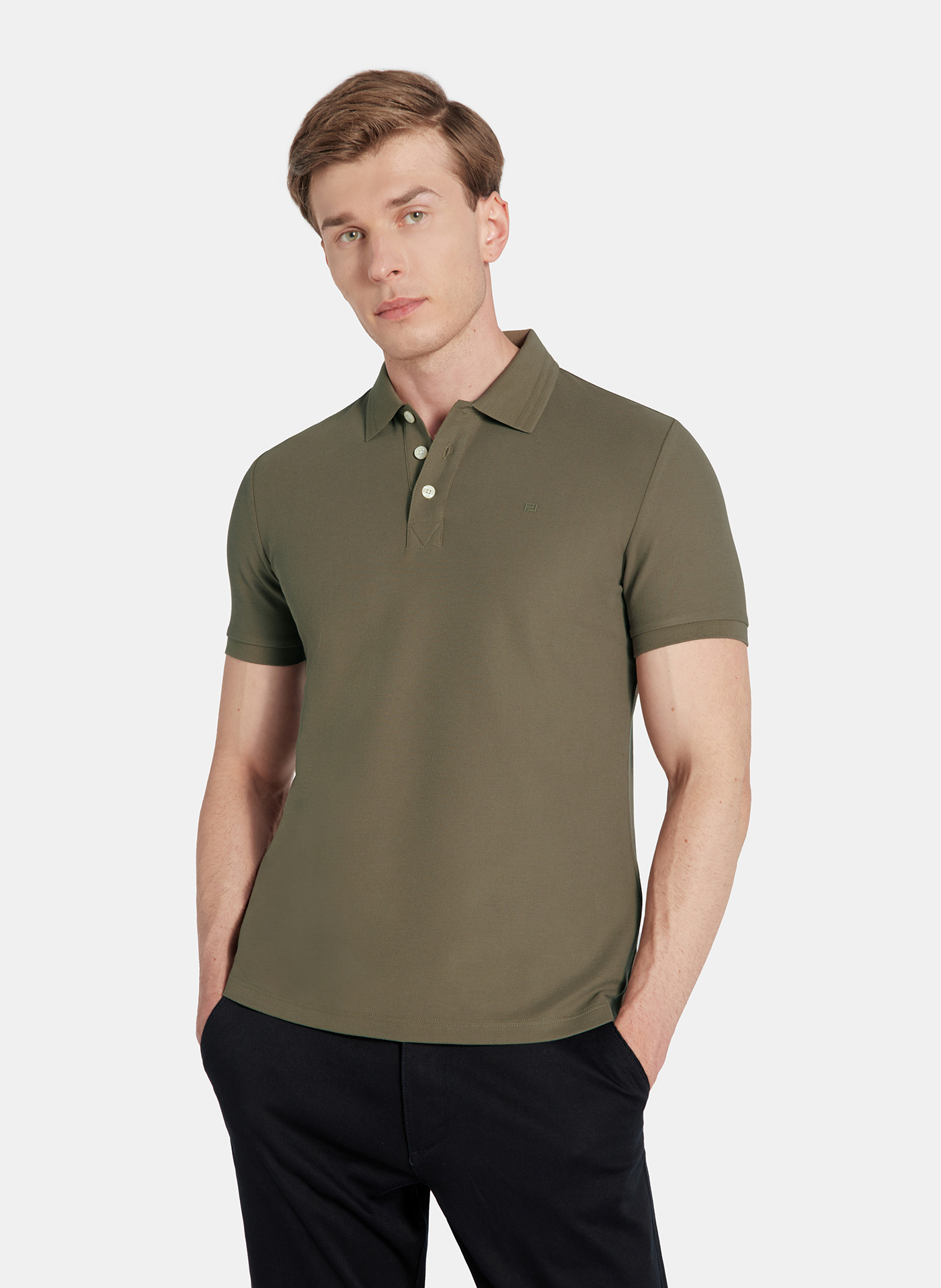 PAKO LORENTE - Oliwkowy t-shirt polo na trzy guziczki