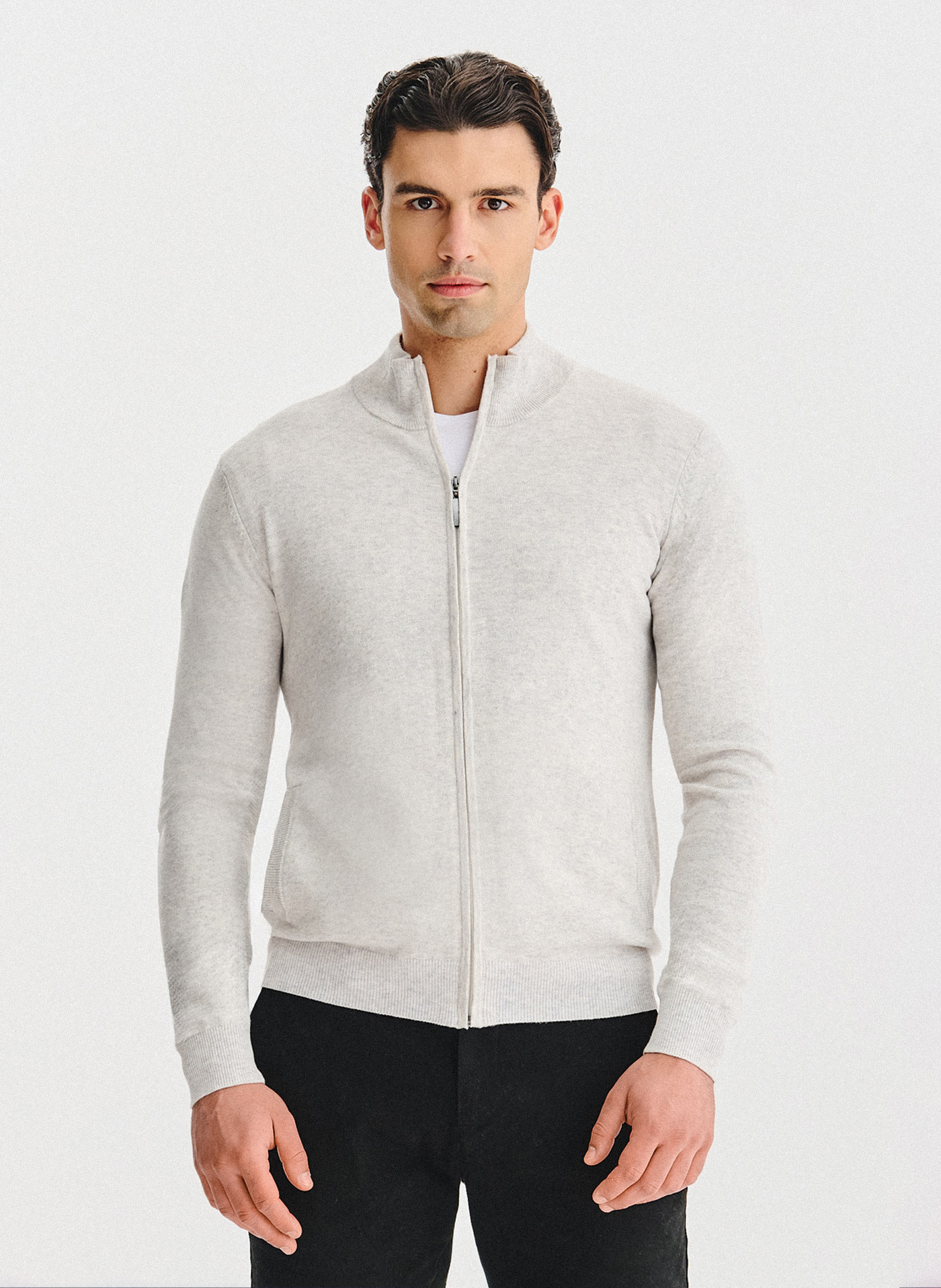 PAKO LORENTE - Jasnoszary rozpinany sweter z kieszeniami