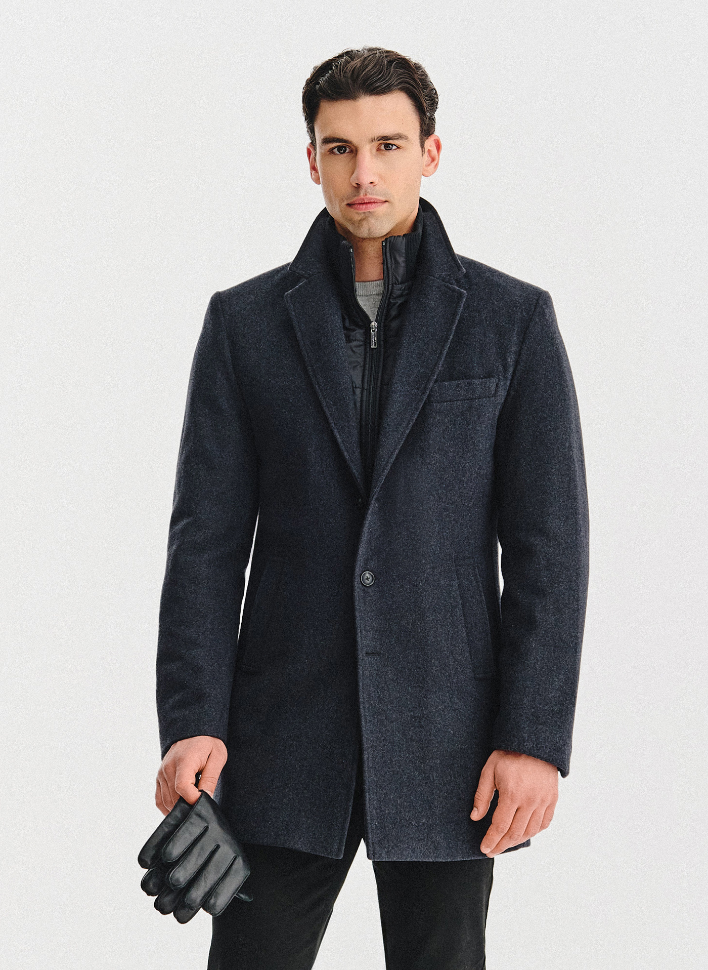 PAKO LORENTE - Grafitowy płaszcz męski z odpinanym kołnierzem