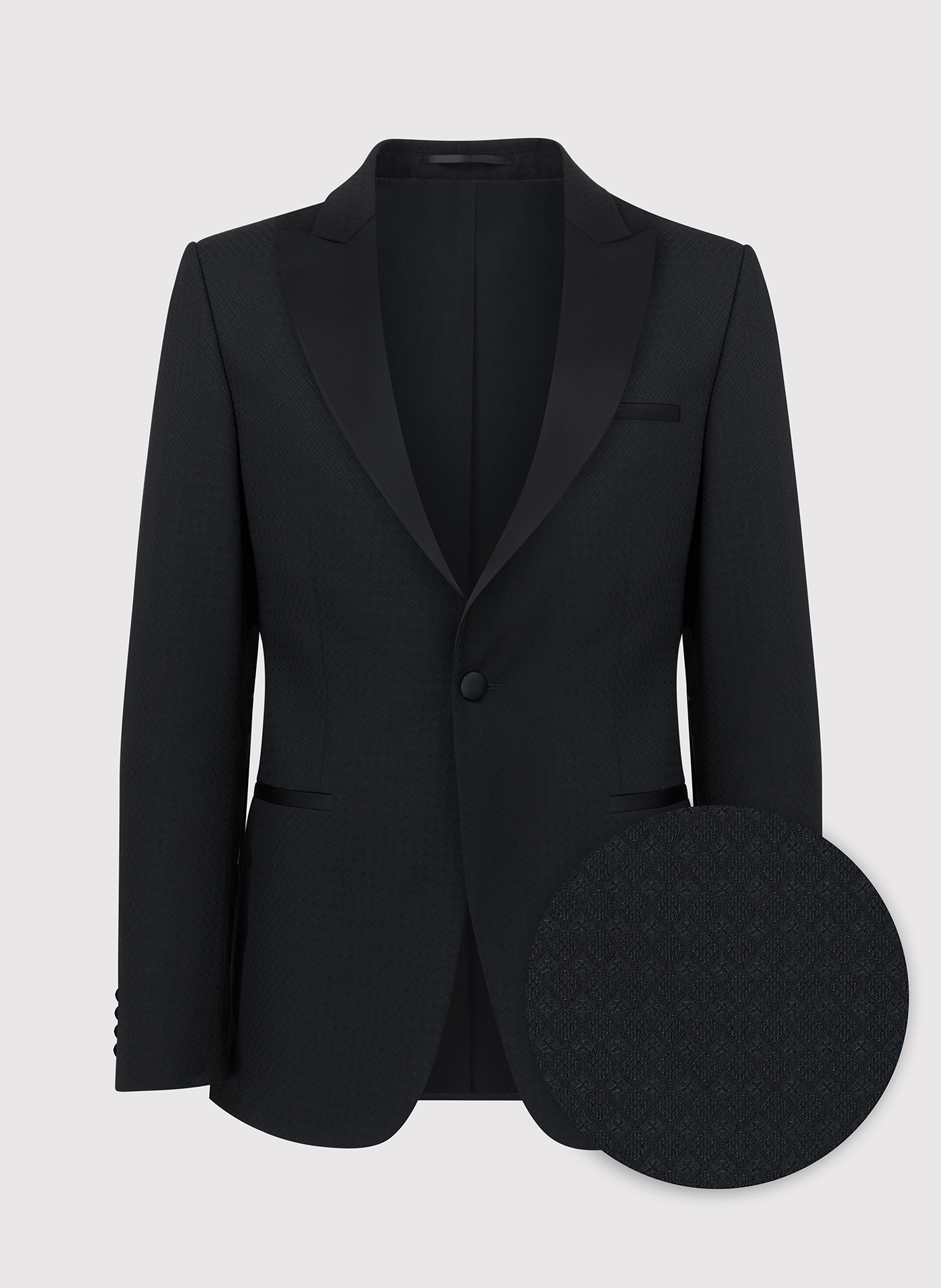 PAKO LORENTE – Wełniana czarna marynarka smokingowa w mikrowzór