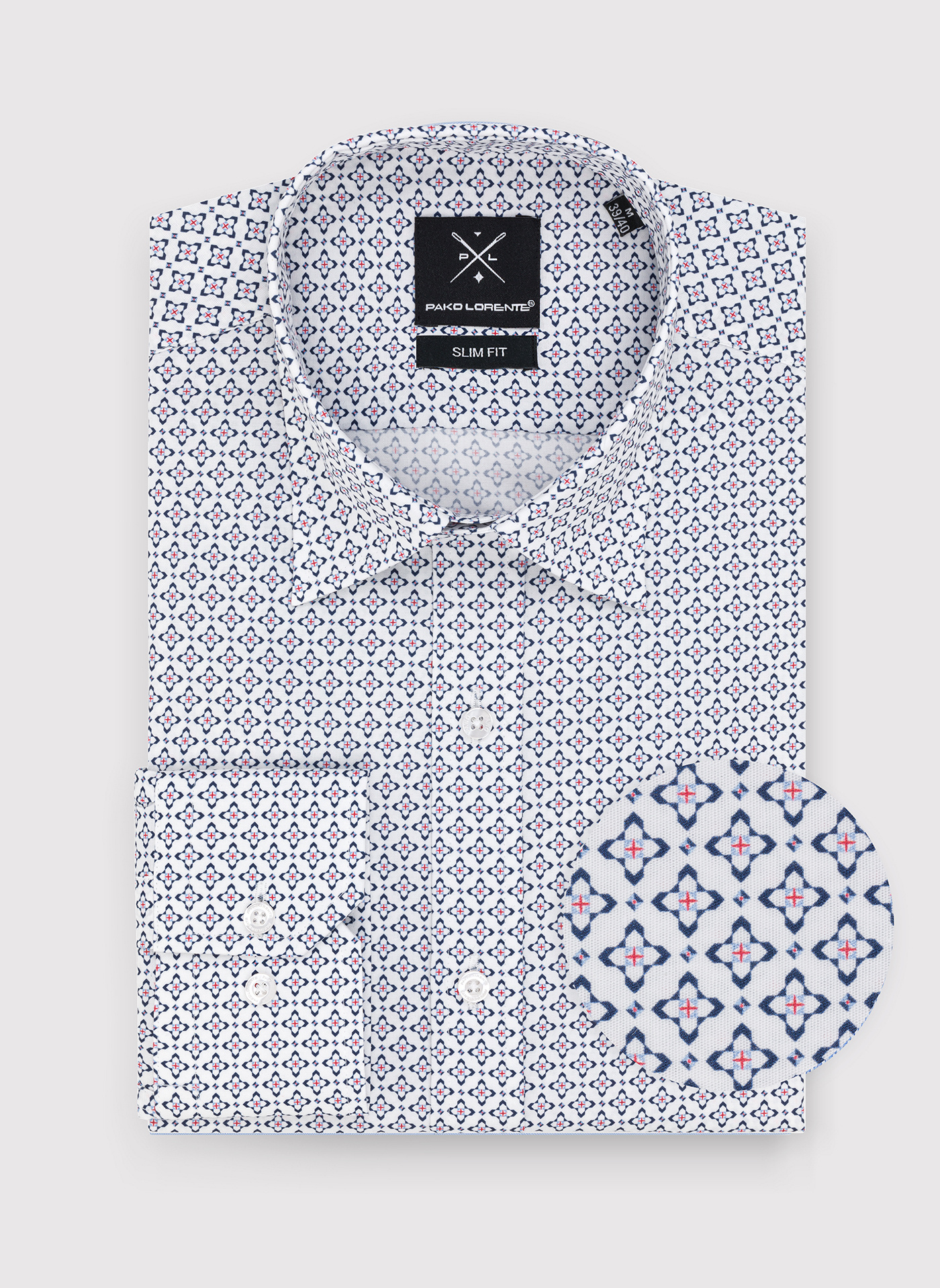 PAKO LORENTE – Biała koszula w niebieski mikrowzór
