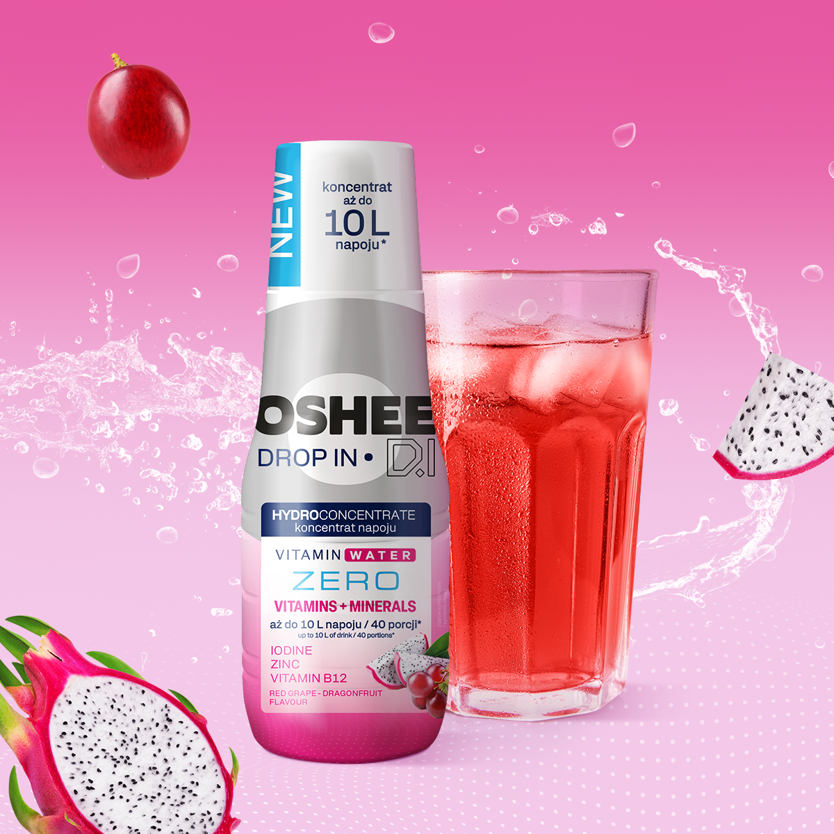 Hydrokoncentrat OSHEE DROP IN ZERO - czerwone winogrono-smoczy owoc - Witaminy i minerały - 500 ml