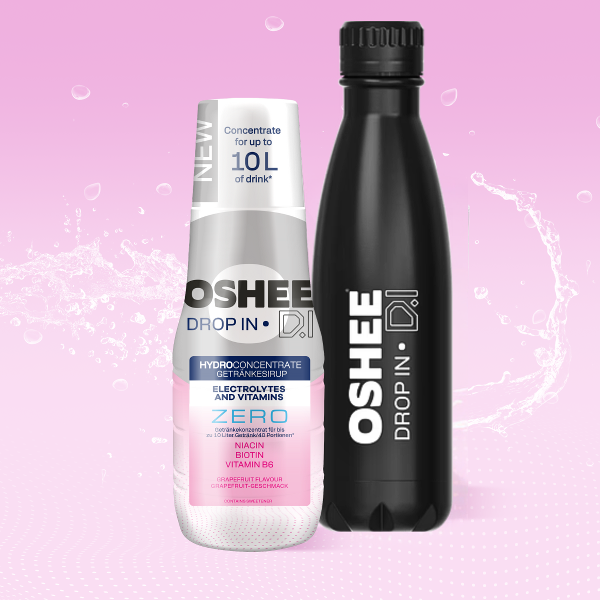 Zestaw Welcome - Hydrokoncentrat OSHEE DROP IN ZERO - Grejpfrut - Elektrolity i witaminy - 500 ml + Butelka termiczna ze stali nierdzewnej czarna 500