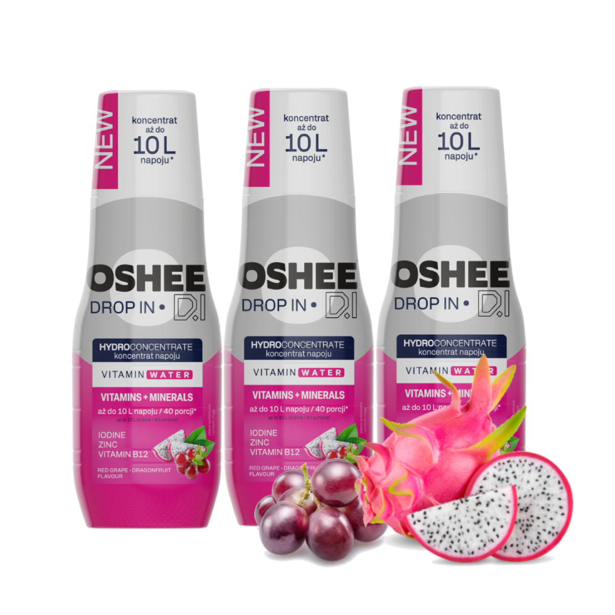 3 x Hydrokoncentrat OSHEE DROP IN - czerwone winogrono-smoczy owoc - Witaminy i minerały - 500 ml