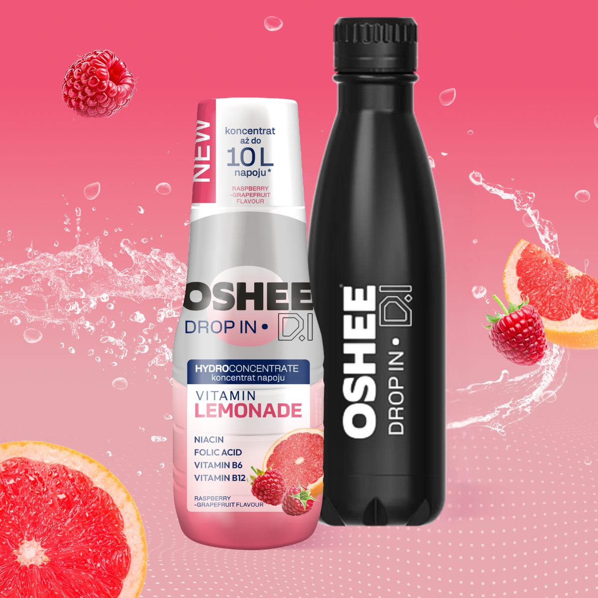 Zestaw Welcome - Hydrokoncentrat OSHEE DROP IN - malina-grejpfrut - Vitamin lemonade - 500 ml + Butelka termiczna ze stali nierdzewnej czarna 500 ml