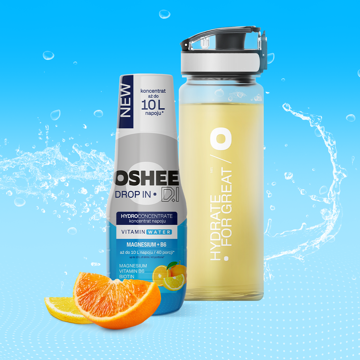 Hydrokoncentrat OSHEE DROP IN - cytryna-pomarańcza - Witaminy i magnez - 500 ml + Bidon plastikowy 750 ml tritan