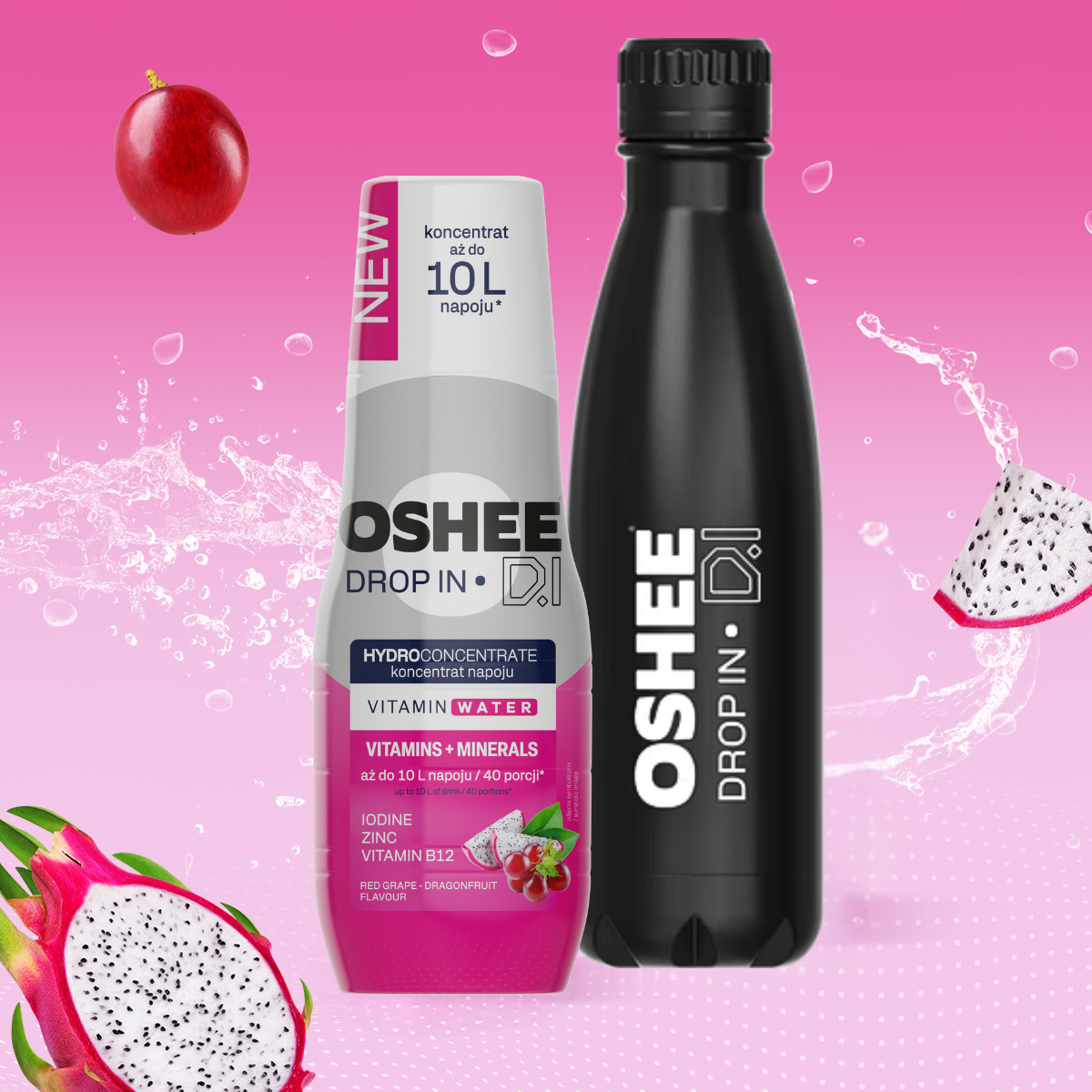Zestaw Welcome - Hydrokoncentrat OSHEE DROP IN - Czerwone winogrono-smoczy owoc - Witaminy i minerały - 500 ml + Butelka termiczna ze stali nierdzewne