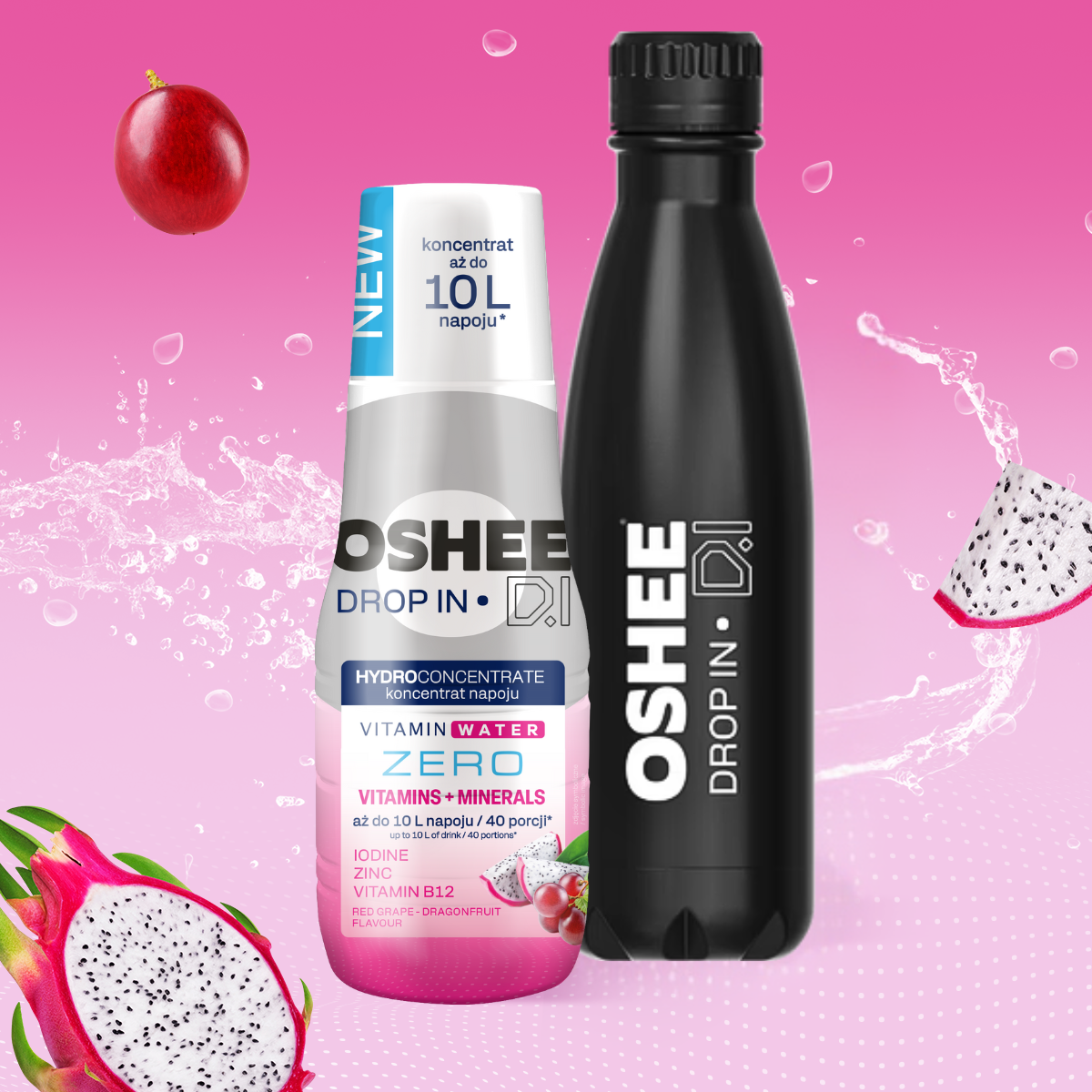 Zestaw Welcome - Hydrokoncentrat OSHEE DROP IN ZERO - czerwone winogrono-smoczy owoc - Witaminy i minerały - 500 ml + Butelka termiczna ze stali nier