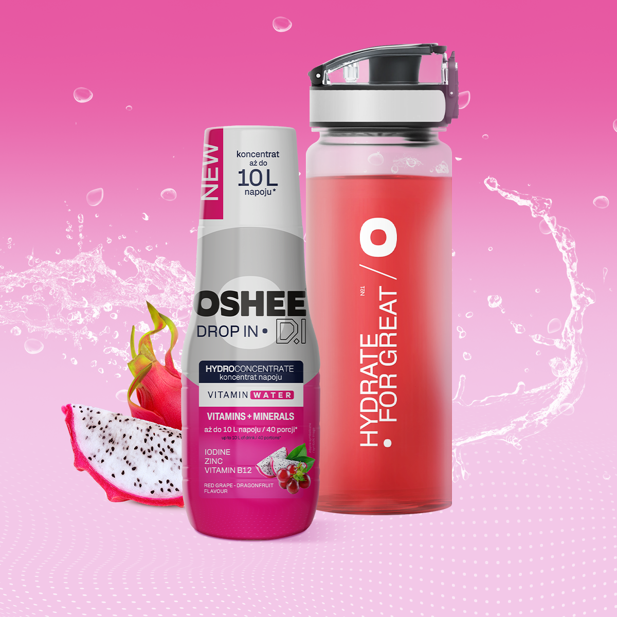 Hydrokoncentrat OSHEE DROP IN - czerwone winogrono-smoczy owoc - Witaminy i minerały - 500 ml + Bidon plastikowy 750 ml tritan