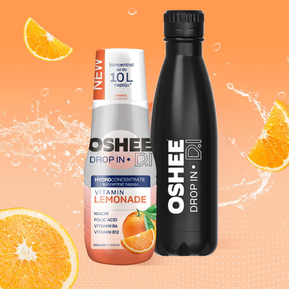Zestaw Welcome - Hydrokoncentrat OSHEE DROP IN - pomarańcza - Vitamin lemonade - 500 ml + Butelka termiczna ze stali nierdzewnej czarna 500 ml