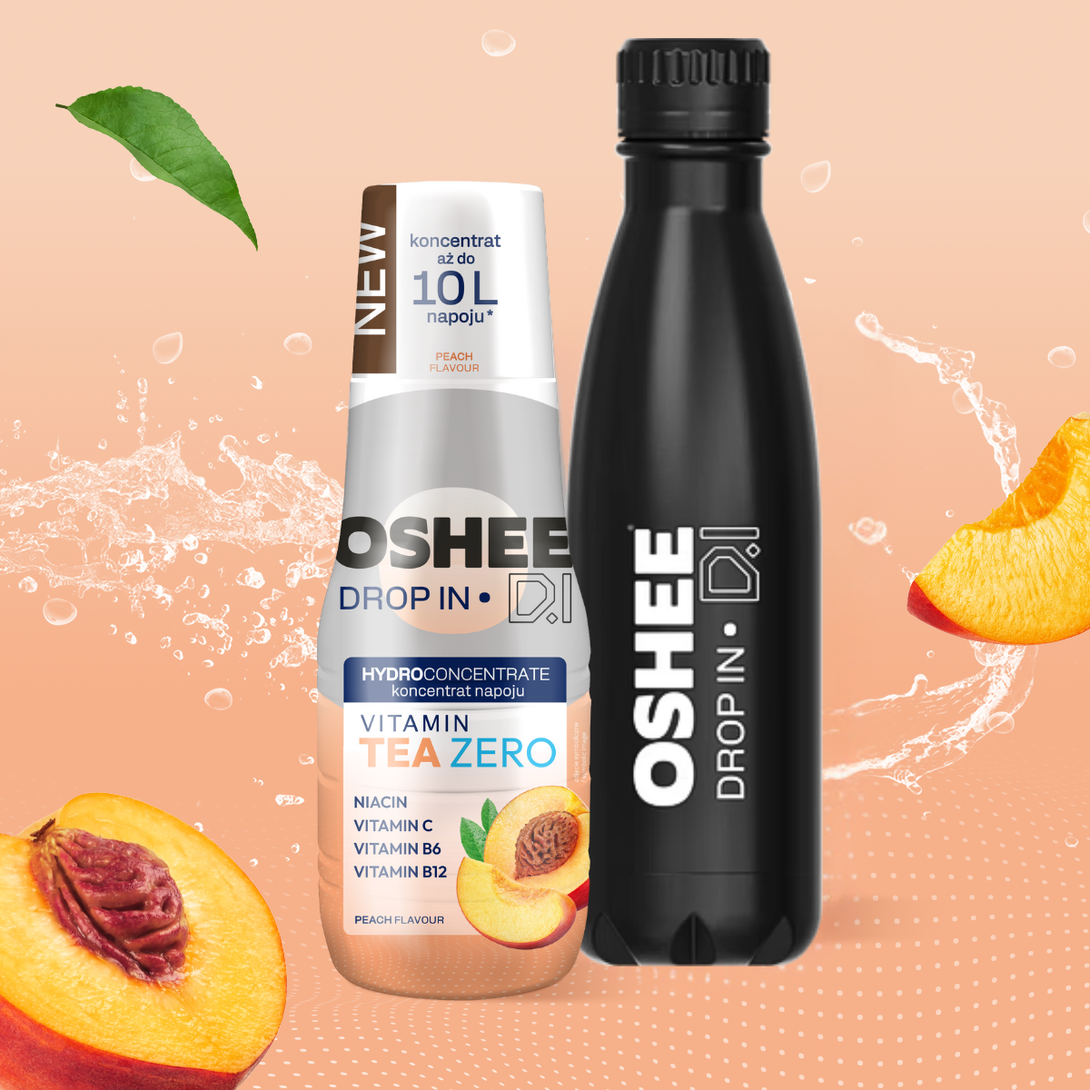 Zestaw Welcome - Hydrokoncentrat OSHEE DROP IN ZERO - brzoskwinia - Vitamin tea - 500 ml + Butelka termiczna ze stali nierdzewnej czarna 500 ml