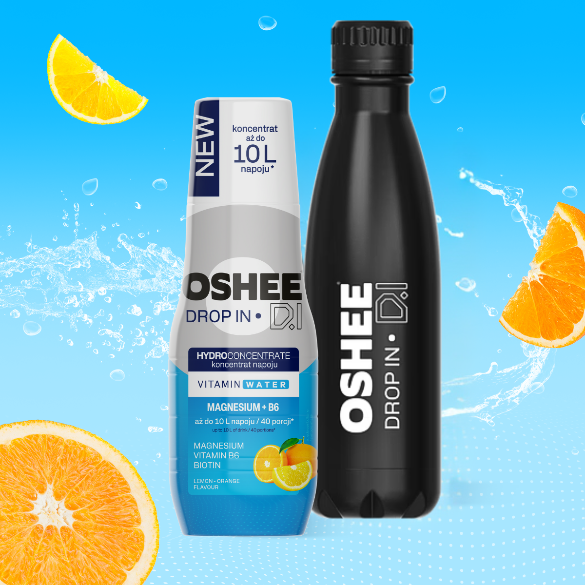 Zestaw Welcome - Hydrokoncentrat OSHEE DROP IN Cytryna-Pomarańcza - Witaminy i magnez - 500 ml + Butelka termiczna ze stali nierdzewnej czarna 500 ml