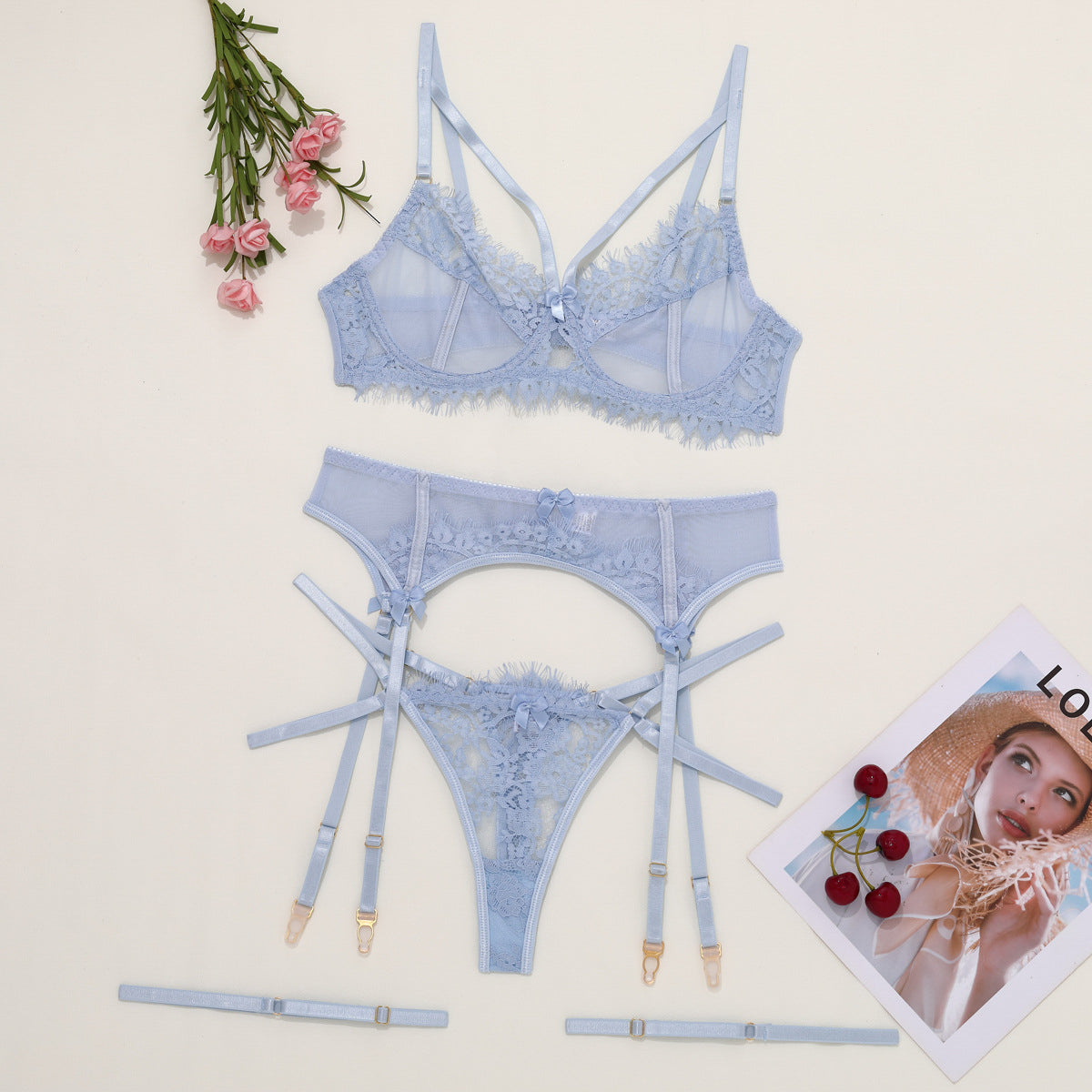 Koronkowy zestaw bielizny z pasem do pończoch na romantyczne okazje Elie