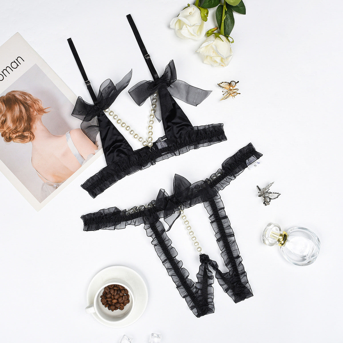 Komplet bielizny z perełkami i koronkowym wykończeniem Rosabella