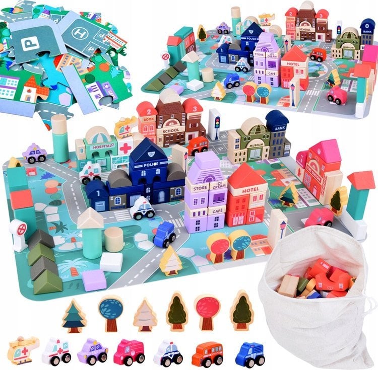 Pastelowy Zestaw Klocki drewniane Miasteczko + Mata puzzle 115 ele ZA5373