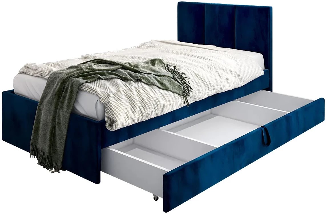 Łóżko młodzieżowe VIVO 2 80x200 granatowe z tapicerowanym panelem i szufladą MKPOL