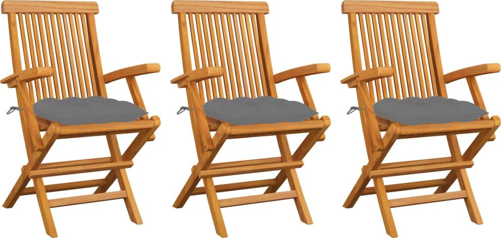 vidaXL Krzesła ogrodowe, szare poduszki, 3 szt., lite drewno tekowe