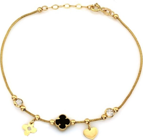 Lovrin Złota bransoletka 585 czarne serduszko i kwiat 2.83g