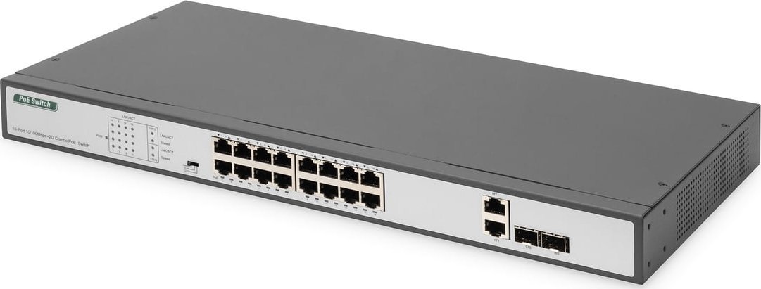 Switch Digitus Digitus 16 Port Fast Ethernet PoE Switch, 19 Inch, Unmanaged, 2 Uplinks