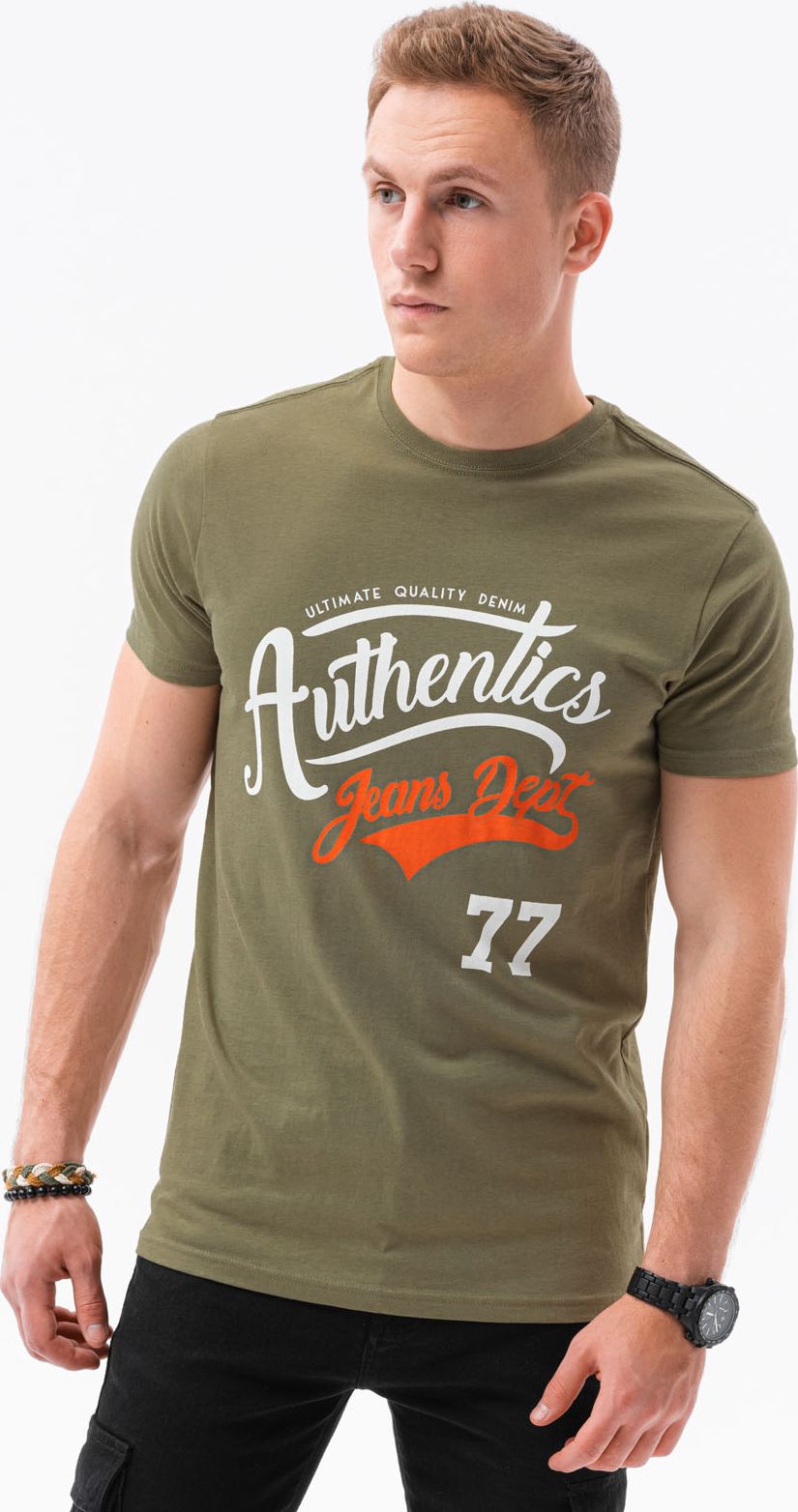 Ombre T-shirt męski z nadrukiem S1434 V-22D - oliwkowy XL