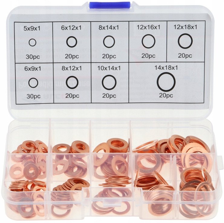 PODKŁADKI MIEDZIANE ZESTAW PODKŁADEK MIEDZIANYCH MIX M5 - M14 200 EL MIEDŹ
