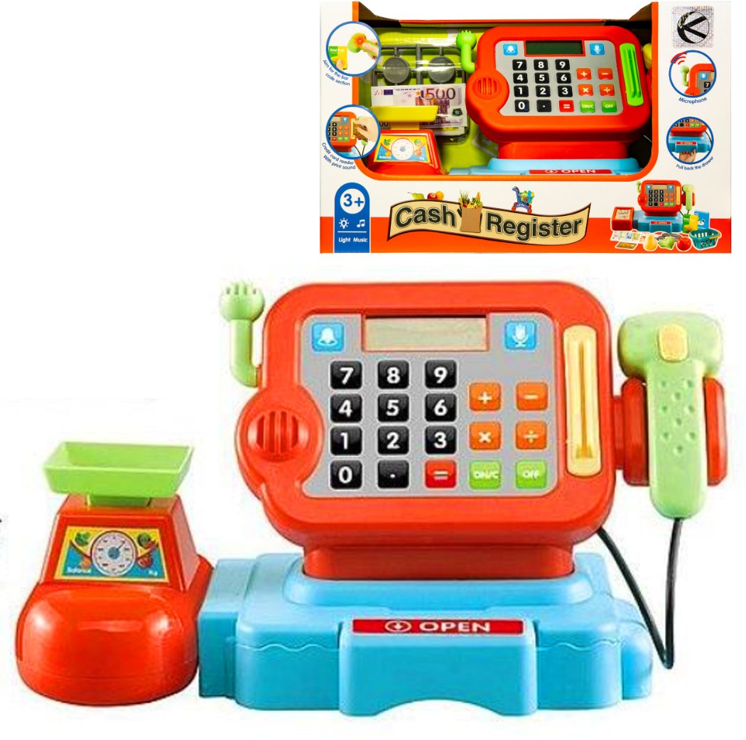 Kasa sklepowa z czytnikiem, mikrofonem, kalkulatorem i wagą