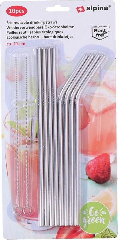 Alpina słomki metalowe wielokreotnego użytku w zestawie ze szczoteczkami do czyszczenia (8+2 szt.)