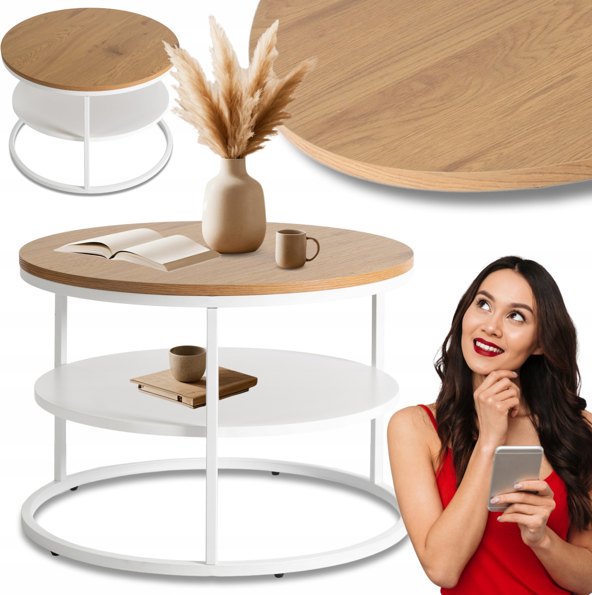 Stolik Kawowy Okrągły Skandynawski Ława Okrągła Loft Dąb Biały BEST