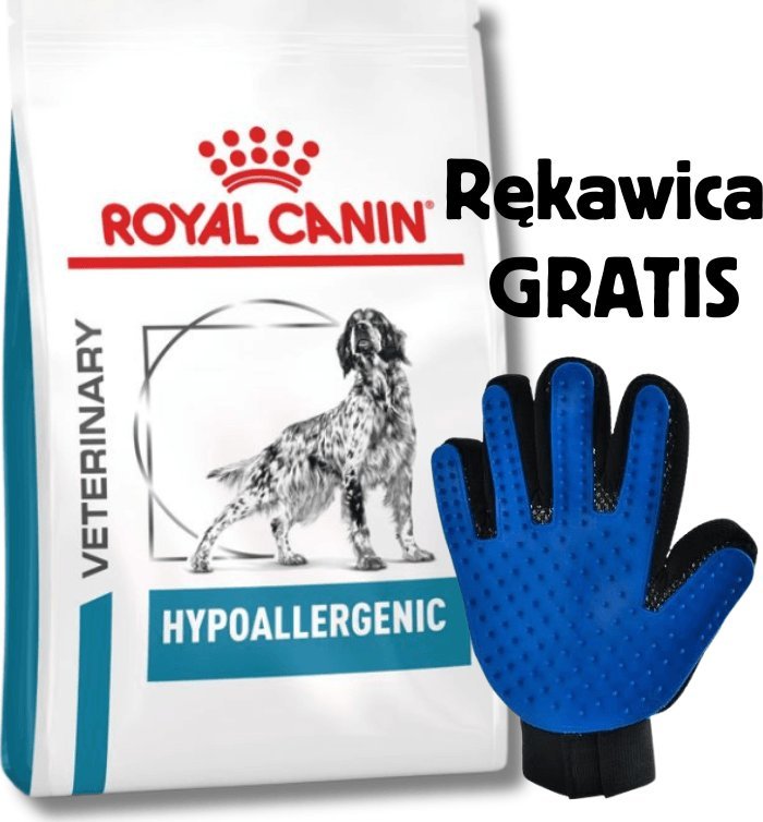 Royal Canin ROYAL CANIN Veterinary Dog Hypoallergenic sucha karma dla dorosłych psów z niepożądanymi reakcjami na pokarm 14 kg + Rękawica do czesania