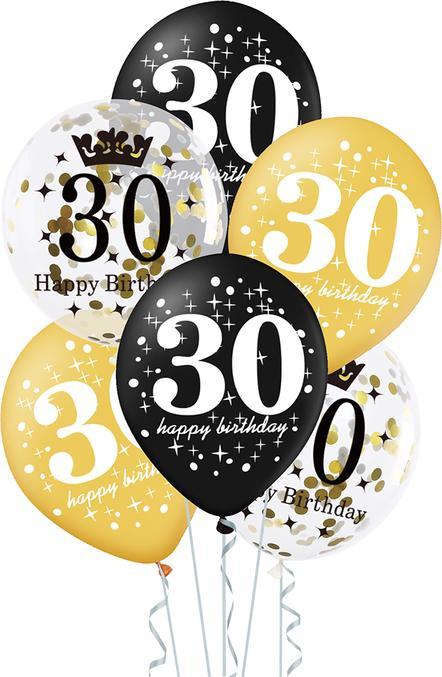 LH Zestaw balonów na 30 urodziny, czarno - złoty, konfetti, 6szt.