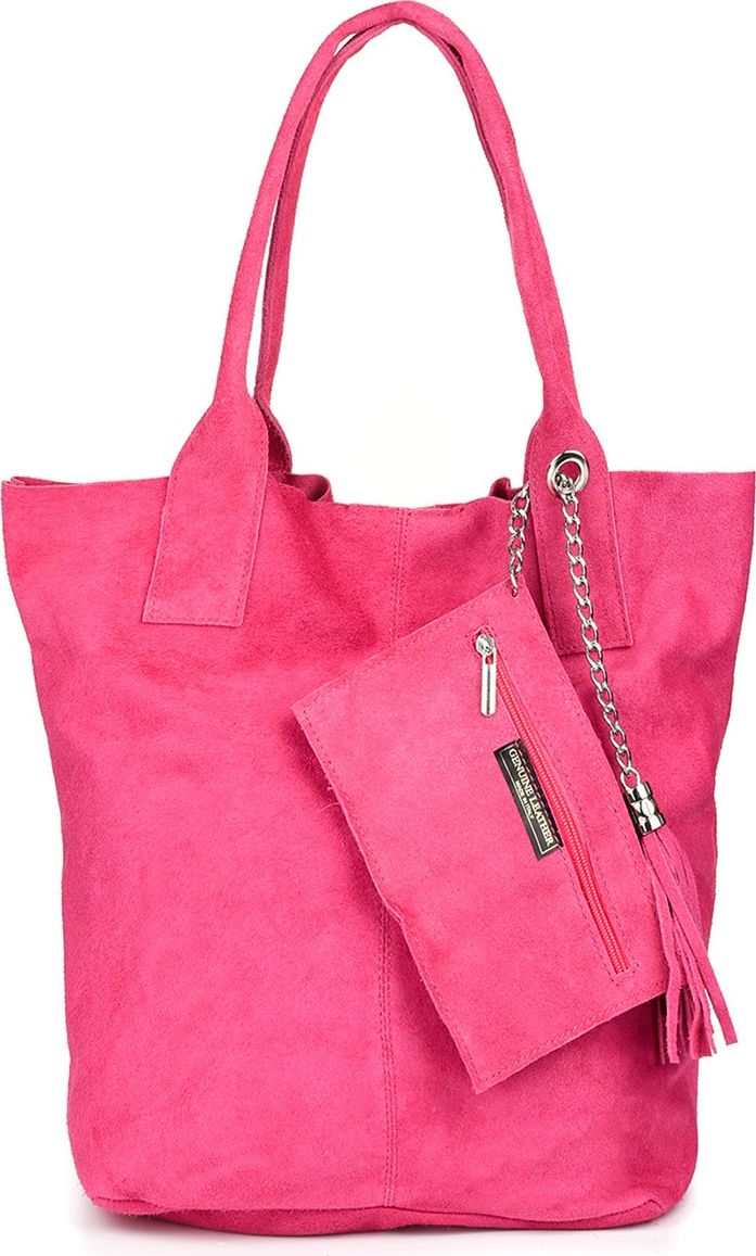 Vera Pelle Fuksjowa Torebka skórzana zamszowa WOREK duża A4 Z SASZETKĄ L82