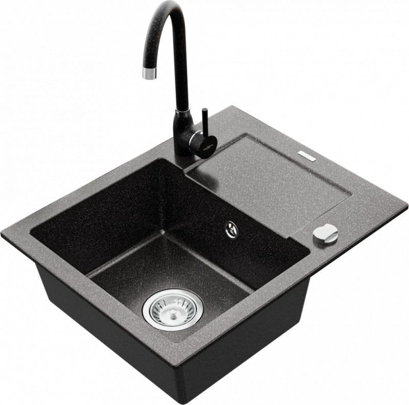 Zlewozmywak Mexen Enzo granitowy 1-komorowy z ociekaczem i baterią kuchenną Telma, czarny nakrapiany - 6506-76-670200-76