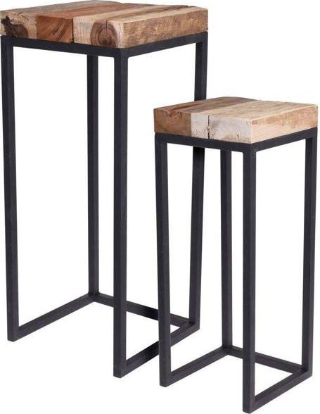 Home Styling Collection Stolik KAWOWY metalowy drewniany blat tekowy LOFT 2 sztuki
