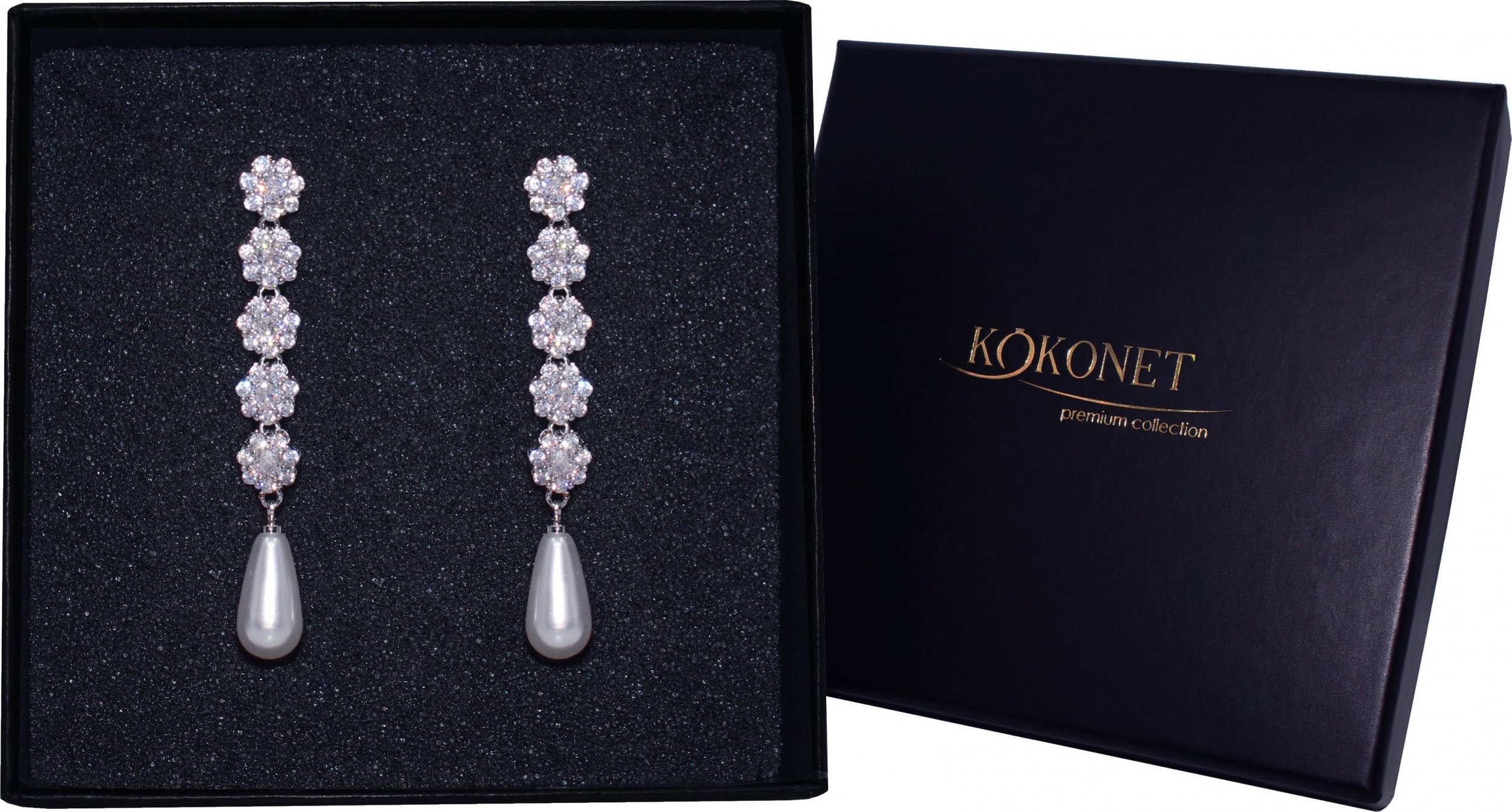 KOKONET Srebrne kolczyki PERŁY wiszące długie szykowne na ślub lekkie w pudełku