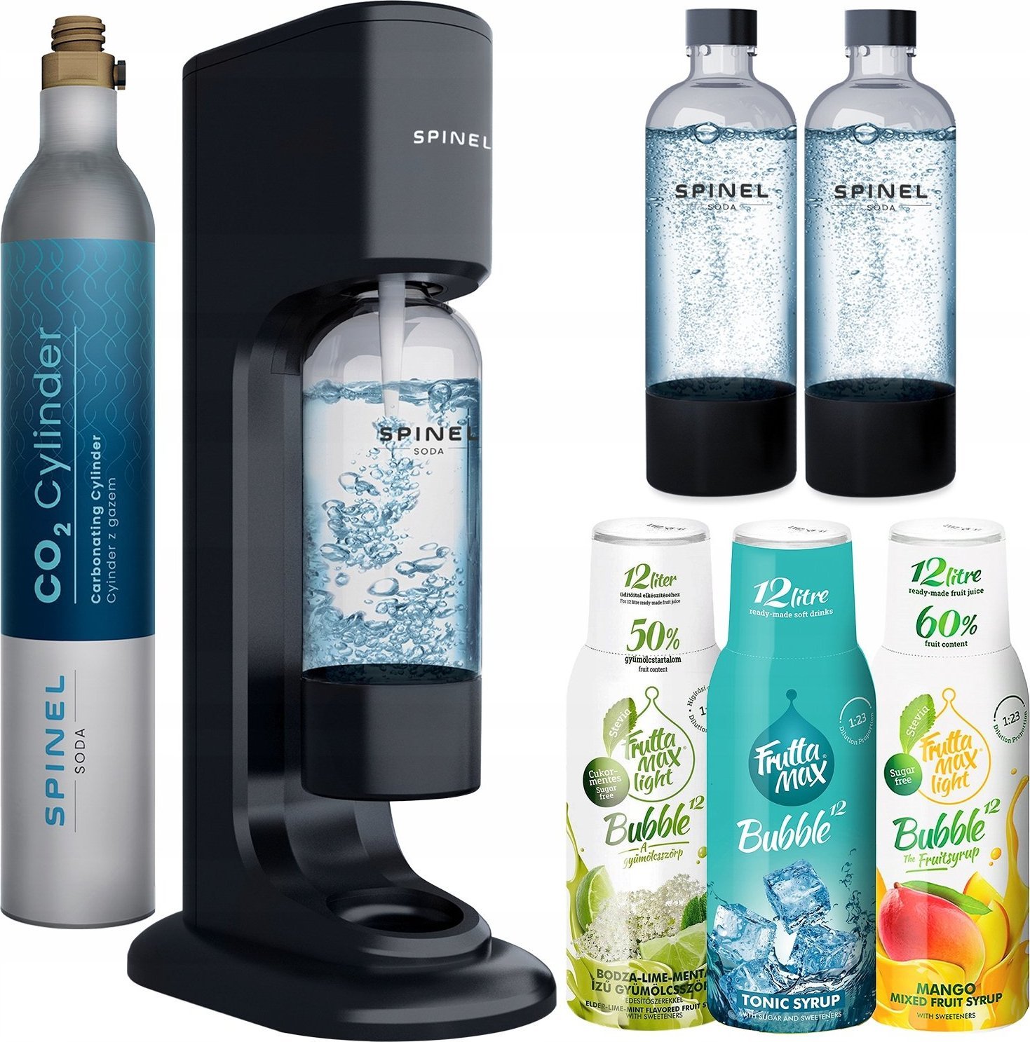 Saturator Sodastream Saturator SpinelSoda Bubble On, Frutta Max Tonic 500 Ml, Limonka Mięta 500ml, Mango Light 500ml