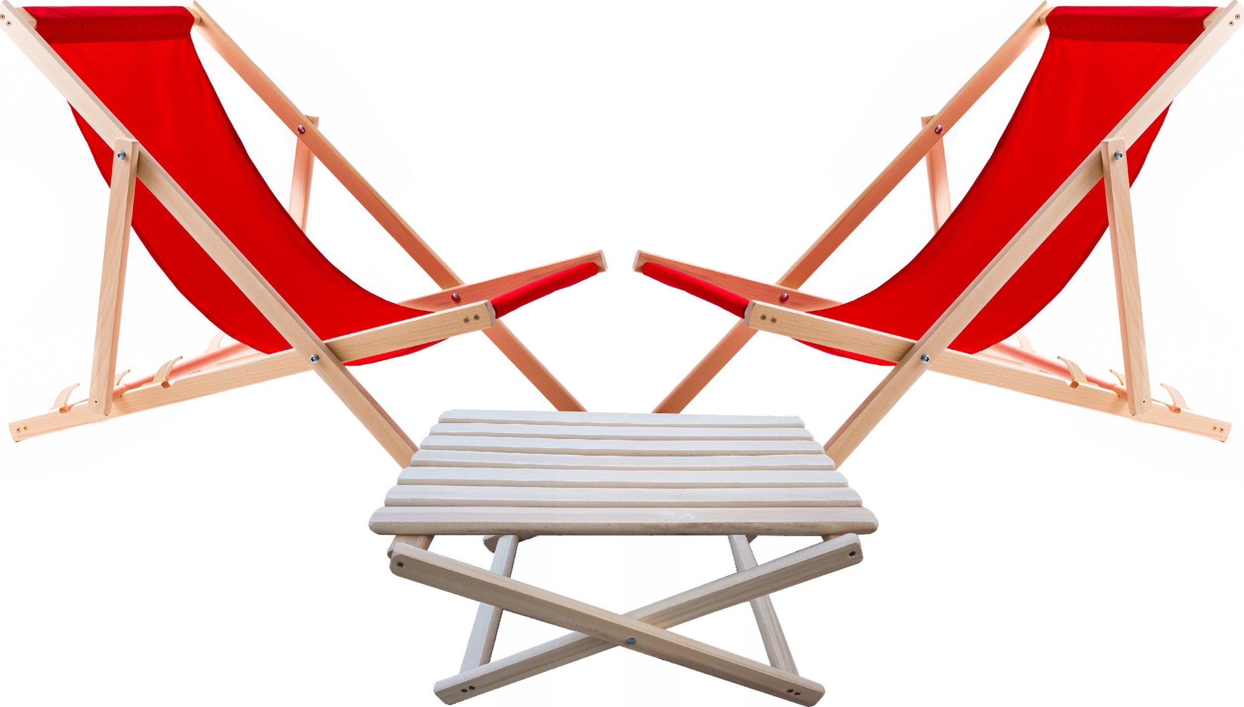 2X LEŻAK PLAŻOWY OGRODOWY DREWNIANY WOODOK czerwona tkanina + STOLIK KAWOWY SKŁADANY