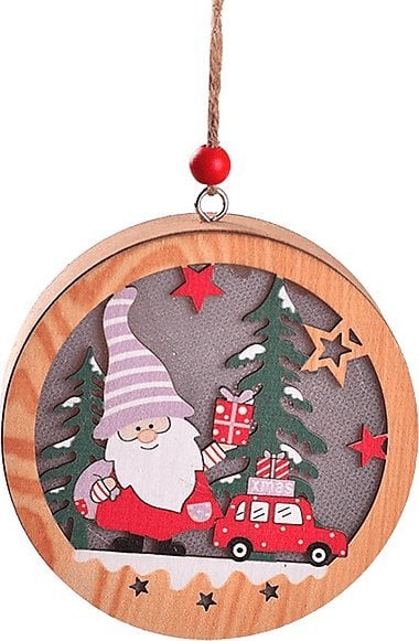 Lampka Świąteczna Drewniana Skrzat i samochód - Okrągła