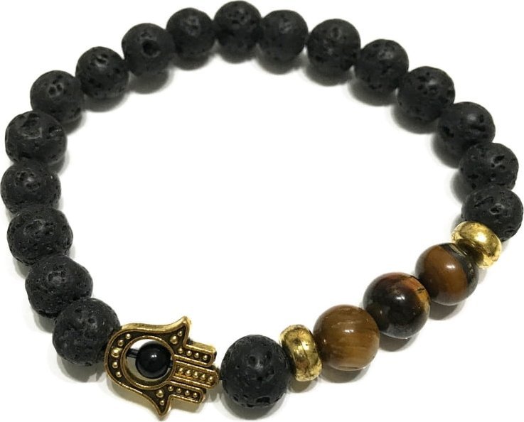 Lovrin Bransoletka z kamieniami wulkanicznymi - Hamsa Tygrysie Oko