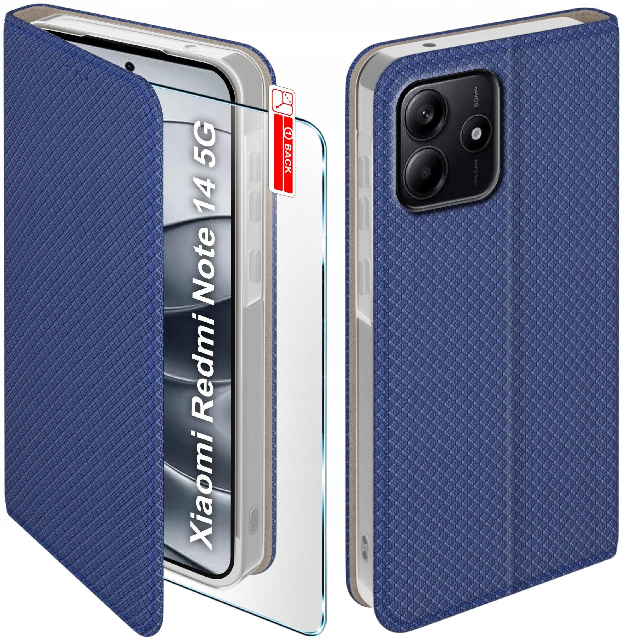 Etui z klapką do Xiaomi Redmi Note 14 5G Zamykane Granatowe Futerał + Szkło
