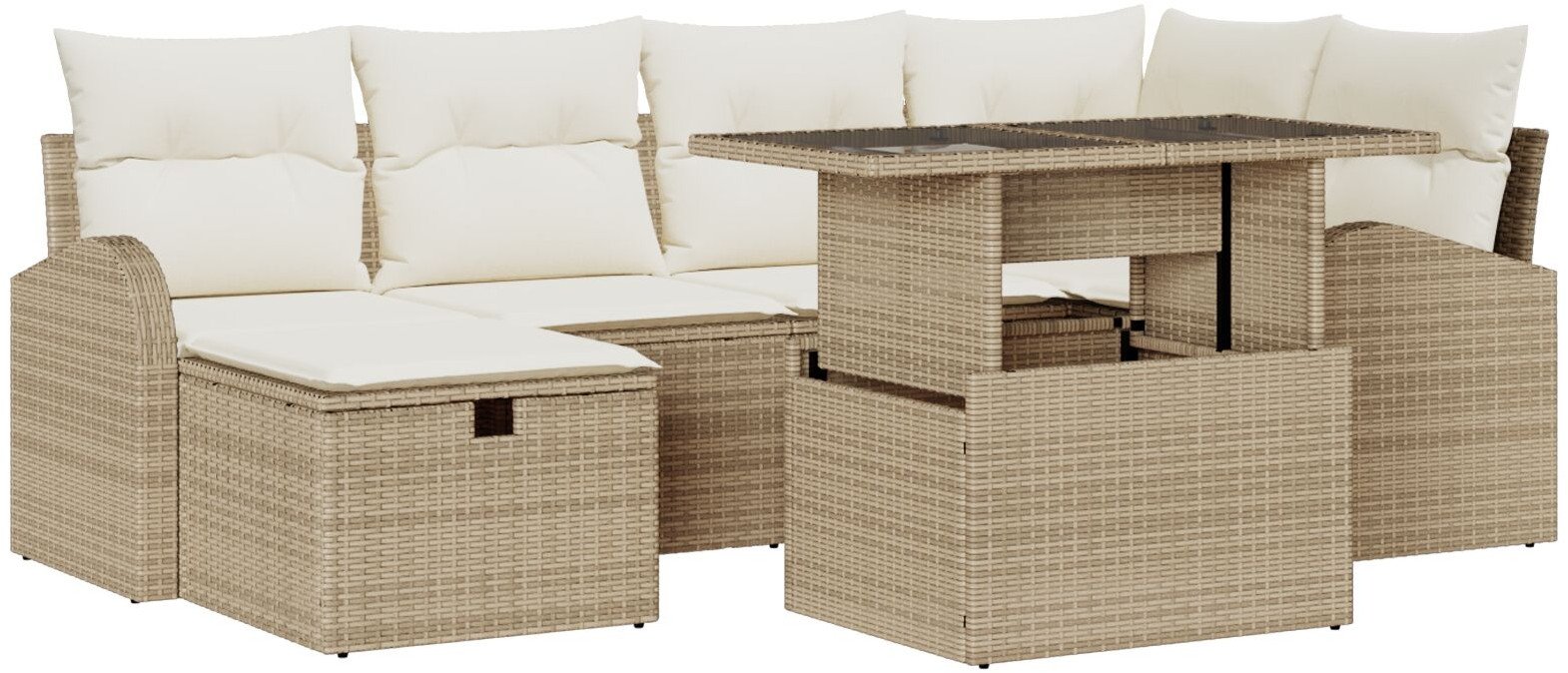 7-częściowy Zestaw Sof na Ogród z Poduszkami Beżowy Polirattan, Sofa 2-osobowa do Ogrodu z Przechowalnią i Poduszkami Beżowy Polirattan