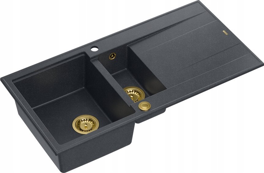 Zlewozmywak GraniteQ EVAN 156 zlewozmywak z syfonem Push To Open 1,5-komorowy z/o (1000x500x210; kom. 420x480) black diamond / elementy złote