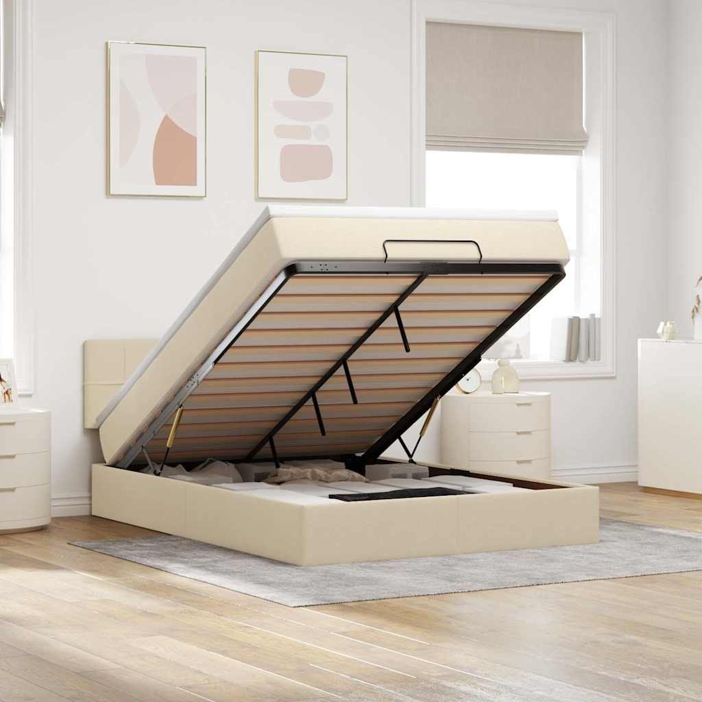 vidaXL Łóżko otomana z materacem, kremowe, 140x190 cm, tkanina