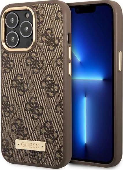 Guess Etui do iPhone 14 Pro 6,1" brązowy/brown hard case 4G Logo Plate MagSafe