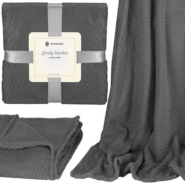 Springos Narzuta na łóżko, pled 200x220 cm tłoczony zygzak, dwustronny koc na kanapę grafitowy UNIWERSALNY