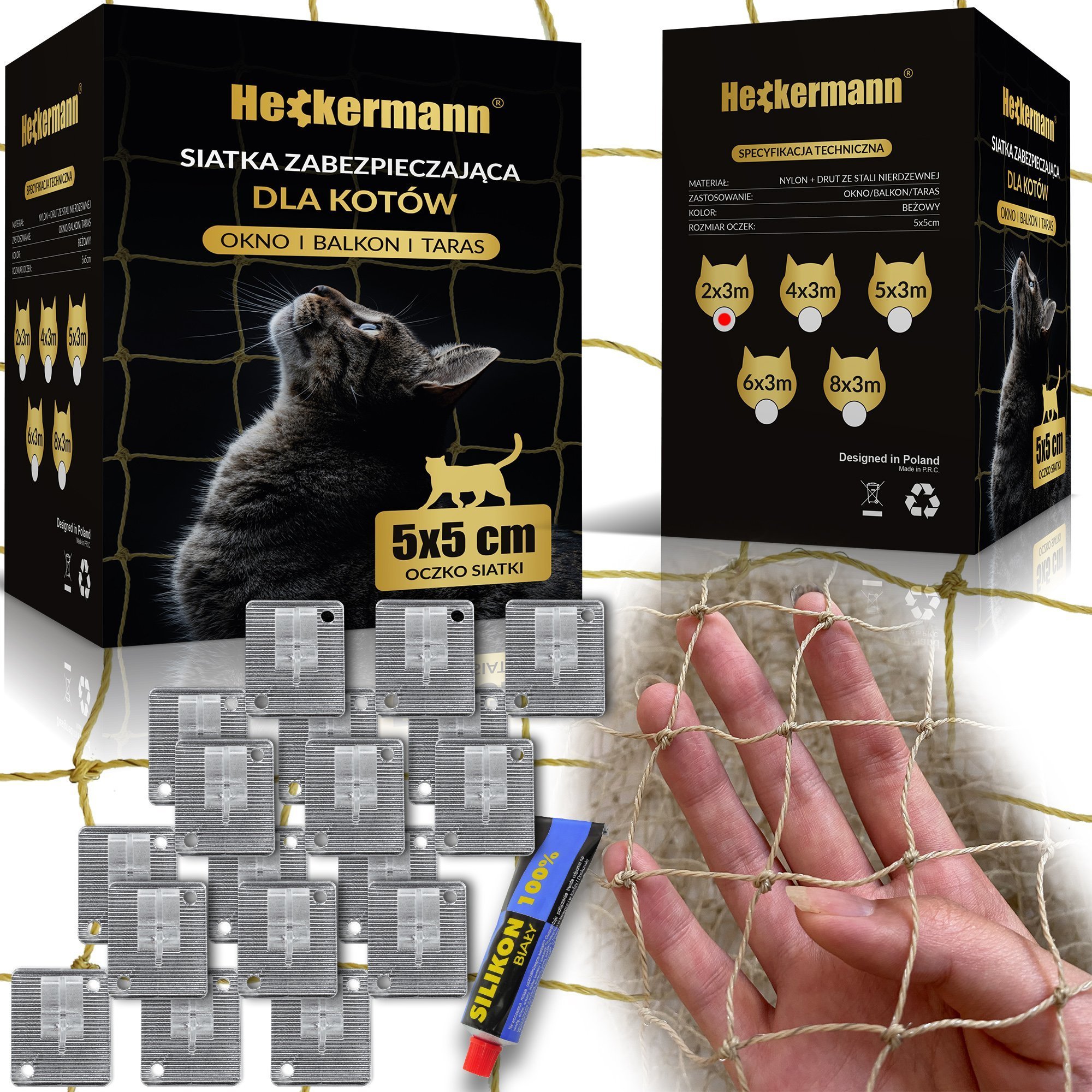 Heckermann Zestaw Siatka na balkon dla kotów Heckermann 2x3m + Klej do siatki na balkon dla kotów